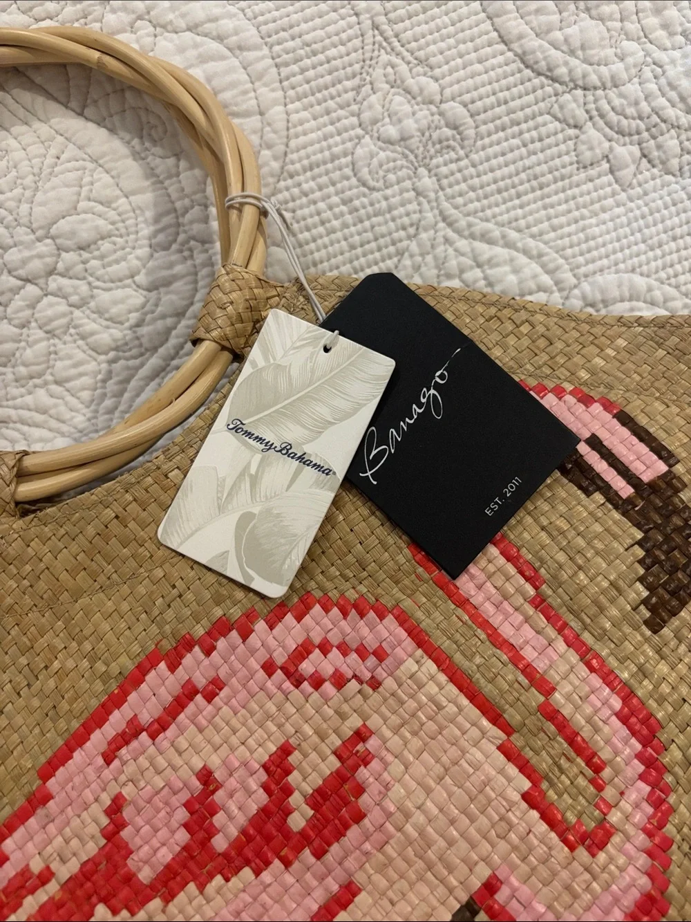 NWT Tommy Bahama X Banago Hand woven Flamingo Woven Tote - Picture 4 of 14